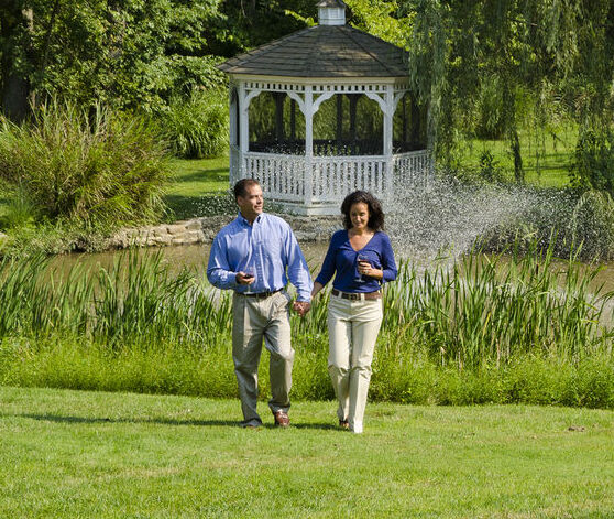A man and woman walk on the grass holding hands.